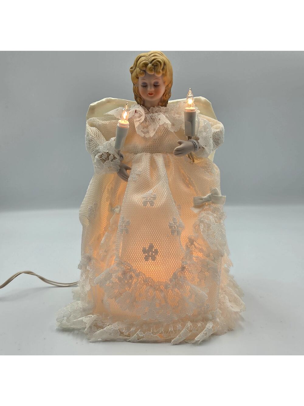 Vintage 70's Porcelain Angel Lighted‎ Tree Topper 10" Adorable! *READ